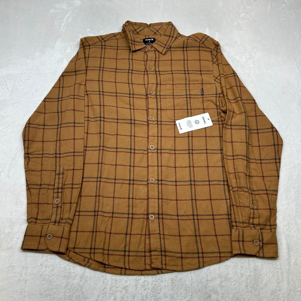 Hurley Organic Flannel Shirt Mens Small Brown Plaid Button‎ Up Long Sleeve NEW - Picture 2 of 8